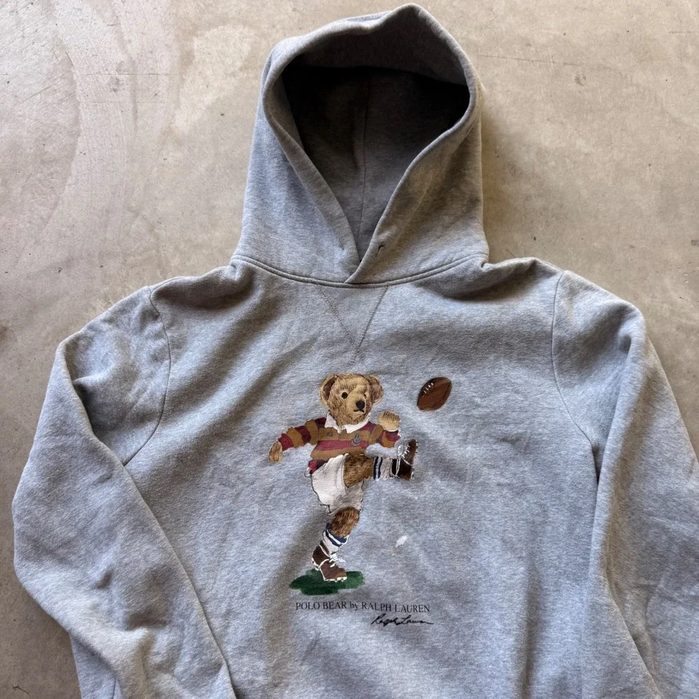Polo Ralph Lauren Polo Bear Football Rugby Hoodie Gray Mens Medium Sweatshirt